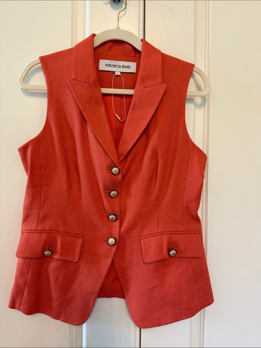 Veronica Beard Coral-Red Sleeveless Tailored Blazer Vest